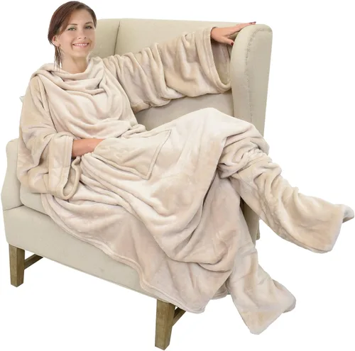 Vista 20 de Catalonia - Manta de vestir de vellón con mangas y compartimientos para los pies, para mujeres y hombres, manta de microfelpa cómoda y envolvente