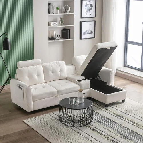 Vista 4 de Sofá seccional en forma de L, moderno sofá modular con diván de almacenamiento, sofá esquinero tapizado en forma de L con soporte para tazas