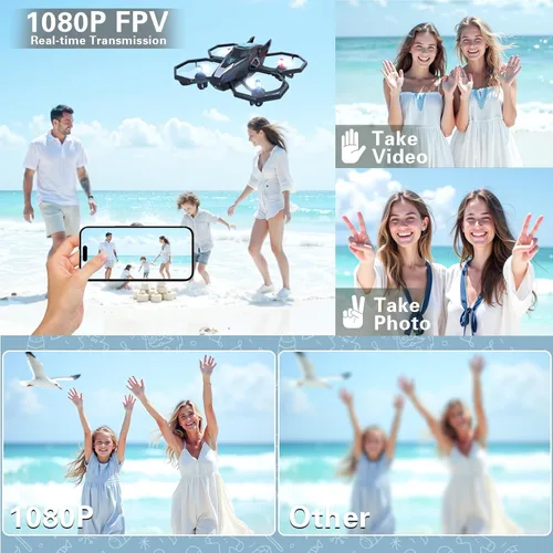 Vista 2 de Drones para niños con cámara, mini drones de control remoto para adultos con retención de altitud, despegue y aterrizaje con una tecla, 3 modos