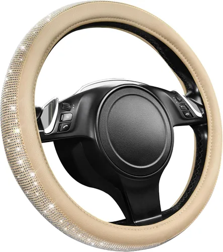 Vista 9 de CAR PASS Funda para volante de cuero beige con diamantes brillantes, cristales blancos brillantes con purpurina y pedrería, ajuste universal de 14
