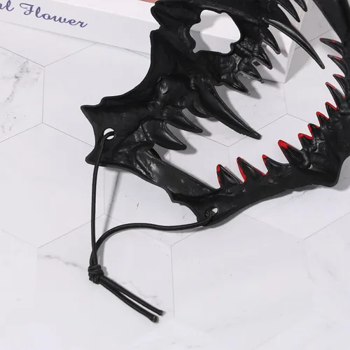 Vista 6 de Aroncent Máscara de media cara de calavera de Halloween con colmillos sangrientos: accesorio de disfraz de mandíbula de esqueleto aterrador