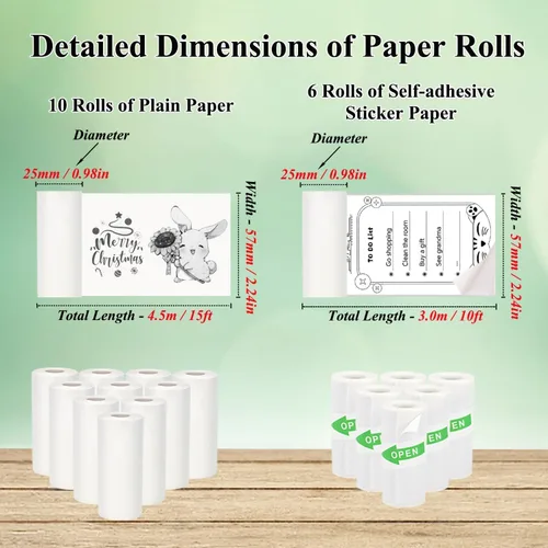 Vista 3 de 10 mini papel de impresora, 2.244 x 0.984 in, 5 rollos de papel térmico autoadhesivo imprimible y 5 rollos de papel de impresión blanco