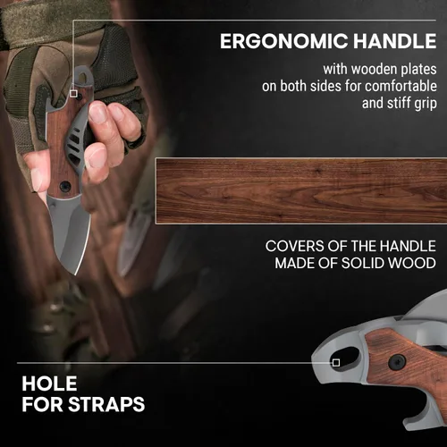 Vista 7 de Cuchillo de bolsillo pequeño para hombres – Cuchillo de llavero de 5.7 pulgadas con abridor de botellas – Cortador de cajas – Mango de madera