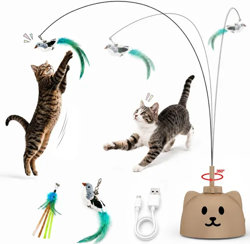 Vista 12 de Juguetes interactivos para gatos de interior: Varita de plumas de ave voladora con giro automático de 360° mejorada con varilla protegida de Blanco