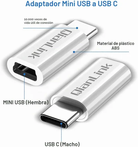Vista 2 de Adaptador mini USB a USB C, (paquete de 2) Mini USB hembra a USB C macho, conversión de carga y sincronización de datos compatible con Samsung