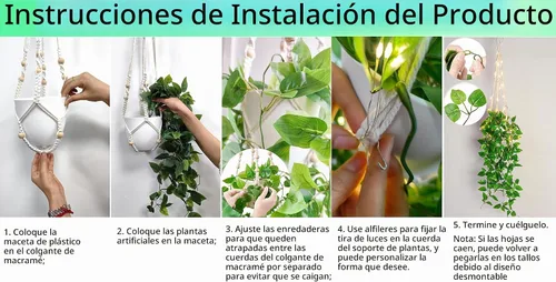 Vista 4 de Comtelek - Maceta colgante con luces para interiores, cesta colgante de macramé con cuentas de madera, soporte para macetas sin borlas