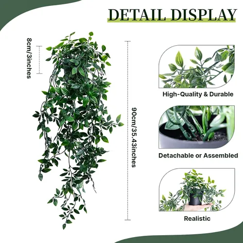 Vista 3 de Plantas colgantes artificiales para estante, vegetación falsa en maceta, paquete de 1 paquete de enredaderas de mandala sintética en maceta negra