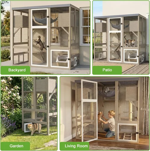 Vista 7 de Gran recinto para gatos Catio para exteriores, patio para gatos con 4 niveles, hamaca para condominio y postes rascadores, techo plano de madera