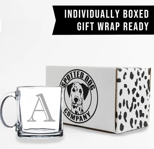 Vista 6 de Spotted Dog Company Taza de café de vidrio transparente con monograma grabado de 12 onzas (letra A), regalos de café personalizados de la A a la Z