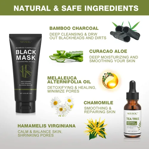 Vista 2 de SHVYOG Máscara Facial de Puntos Negros, Máscara Removedora de Puntos Negros 3-en-1 con Cepillo y Suero de Aceite de Árbol de Té, Máscara de Carbón