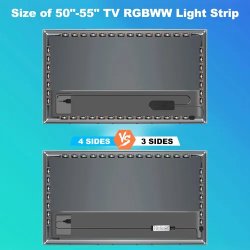 Vista 7 de Tatazone Luces LED Bluetooth RGBWW para TV de 50 a 55 pulgadas con control de aplicación, RGB + retroiluminación blanca sintonizable 3000K-6500K