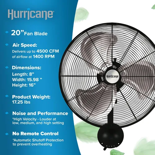Vista 4 de Ventilador de pared de metal oscilante Hurricane Pro de alta velocidad con 3 velocidades, color negro, de 20 pulgadas - Unidad de enfriamiento