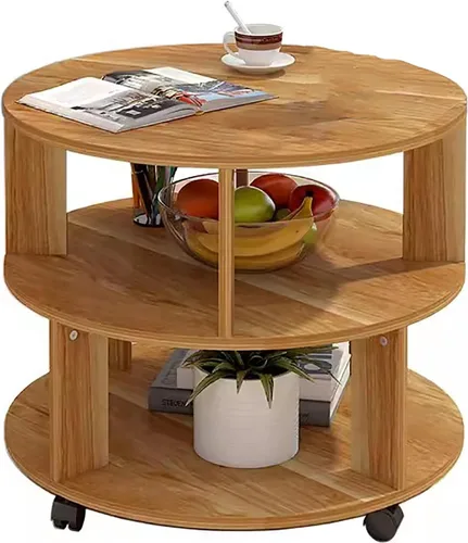 Vista 7 de Mesa auxiliar redonda moderna con almacenamiento, mesita de noche con estantes de 2 niveles, mesa de centro pequeña de madera con ruedas, mesa