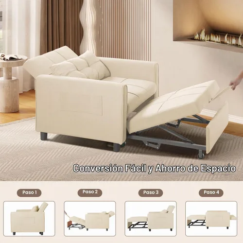 Vista 4 de Aiho - Sofá cama convertible 3 en 1 con diseño ajustable, color beige Respaldo ajustable con cama extraíble, almohada y bolsillo de almacenamiento
