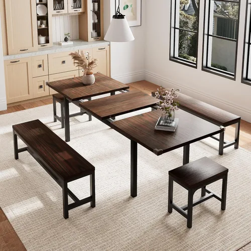 Vista 10 de Einhomn Juego de Mesa de Comedor de 5 Piezas para 4-6, Mesa de Cocina Extensible de 63" con 2 Bancos y 2 Taburetes, Estructura de Metal y Tablero