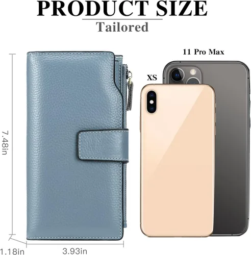 Vista 5 de SENDEFN Carteras de cuero para mujer, con bloqueo RFID, tarjetero con bolsillo con cremallera, Azulclaro, Cartera de gran capacidad