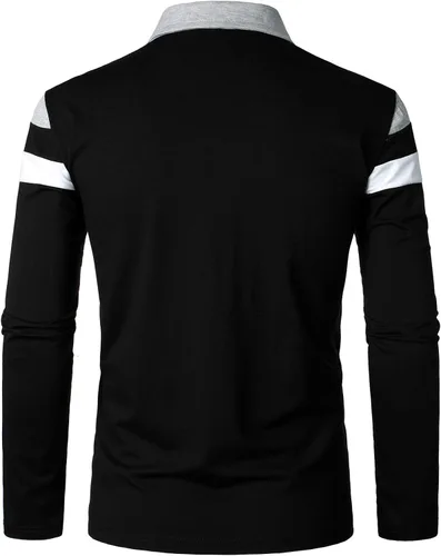 Vista 3 de HOOD CREW Camisa polo de manga larga para hombre casual ajustada de contraste de retazos de algodón