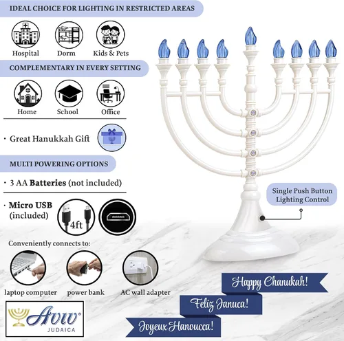 Vista 2 de Menorá eléctrica tradicional de Hanukkah con LED alimentada por batería o USB Chanukiah - incluye cable Micro USB de 4 pies, velas electrónicas