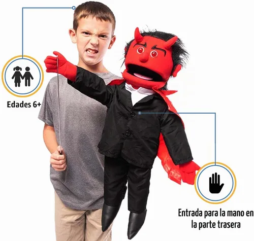 Vista 2 de Diablo de 25 pulgadas con ojos iluminados, cuerpo completo, marioneta estilo ventrílocuo