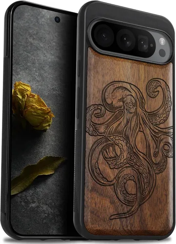 Vista 16 de Carveit Funda de madera para Pixel 9 Pro [madera natural y TPU suave negro] a prueba de golpes, funda de madera única compatible con Google Pixel 9