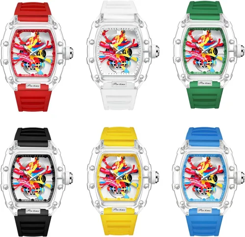 Vista 7 de PINTIME Tonneau de lujo para hombre, diseño de graffiti punk con esfera artística, hip-hop, movimiento japonés, diseño luminoso con banda de silicona