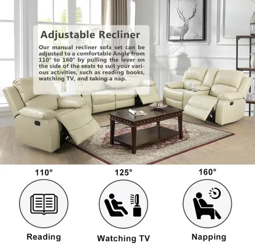 Vista 4 de Sofá reclinable manual moderno, sofá reclinable de cuero de 3 plazas, sofá reclinable de sala de estar, sofá con portavasos y mesa abatible