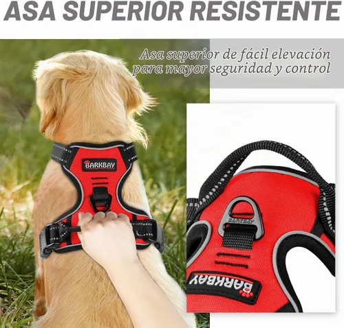Vista 3 de BARKBAY arnés para perro sin tirones con clip frontal, resistente y reflectante, asa de control fácil para paseos de perros grandes (rojo, L)