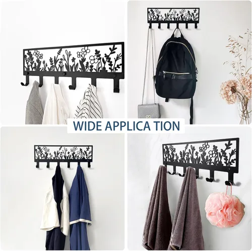 Vista 6 de Perchero floral montado en la pared con 6 ganchos colgador decorativo de metal negro para abrigos, sombreros, bolsos, llaves, toallas - Ideal