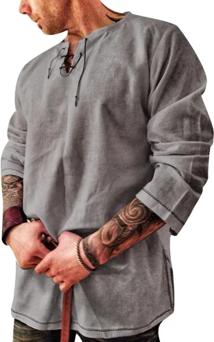 Vista 5 de Camisa de hombre de moda de algodón y lino de manga larga, color liso, étnica, para la playa o yoga
