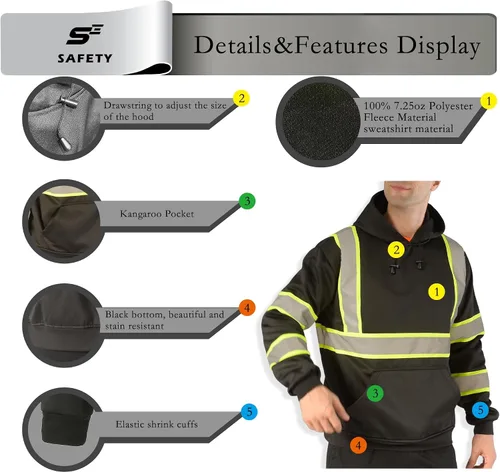 Vista 4 de sesafety Sudadera de alta visibilidad de clase 3 para hombre, sudadera con capucha, sudadera con capucha de seguridad de alta visibilidad negro-203