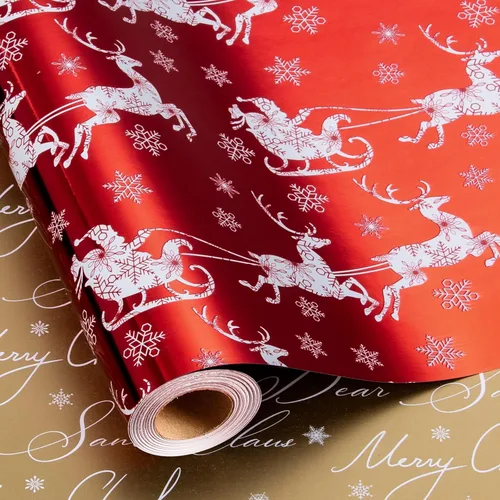 Vista 17 de Homeral Rollo de papel de regalo de Navidad, Papá Noel, muñeco de nieve y lazo y bastones de caramelo rosados, envoltura de regalo reversible