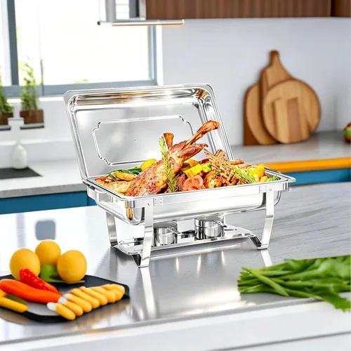 Vista 7 de Recipientes Calentadores para Buffet Paquete de 4, Juego de Recipientes Calentadores de Buffet de Acero Inoxidable de 9 Cuartos con Marco Plegable