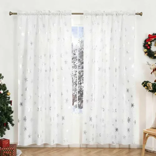 Vista 10 de Cortinas navideñas para sala de estar, cortinas de lujo con estampado de copos de nieve, cortinas de ventana con bolsillo para barra, cortinas