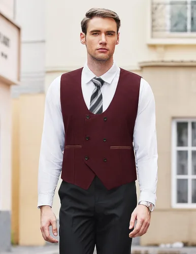 Vista 4 de COOFANDY Chaleco de traje para hombre, ajustado, doble botonadura, chaleco formal de negocios
