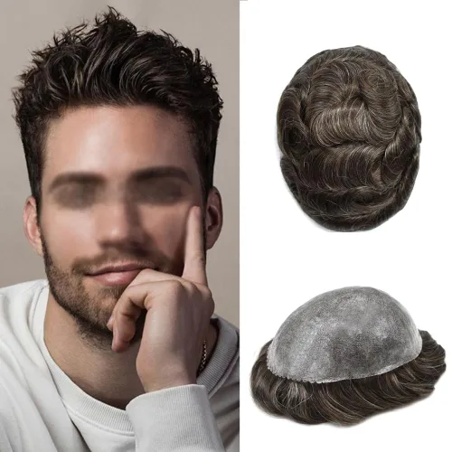 Vista 113 de Toupee para hombres Sistema de reemplazo de cabello humano real para hombres Completo PU Mens Hairpiece de aspecto natural para hombre piezas