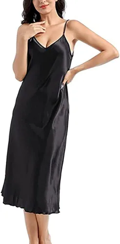 Vista 3 de Camisón de satén para mujer, vestido largo para dormir, camisones de seda con cuello en V Un negro