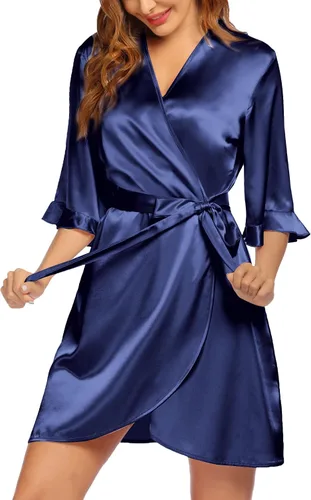 Vista 2 de Ekouaer Bata de satén para mujer, lencería de San Valentín para mujer, kimono, bata corta con volantes, cinturón, ropa de dormir para damas de honor