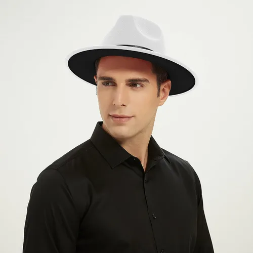 Vista 5 de Sombreros Fedora de ala ancha para mujeres y hombres, sombrero clásico de fieltro de Panamá para hombre, sombrero de vestir de dos tonos con hebilla