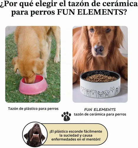 Vista 4 de Fun Elements Cuencos de cerámica para perros, antideslizantes, cuencos negros de 16 onzas líquidas con adorables patrones de perro (pequeño)