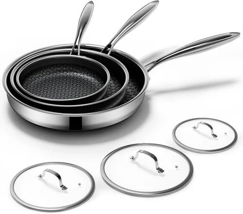 Vista 9 de Sartenes antiadherentes con tapa, sartenes de freír híbridas de 8 pulgadas sin adherencia, sartenes de acero inoxidable sin adherencia, aptas