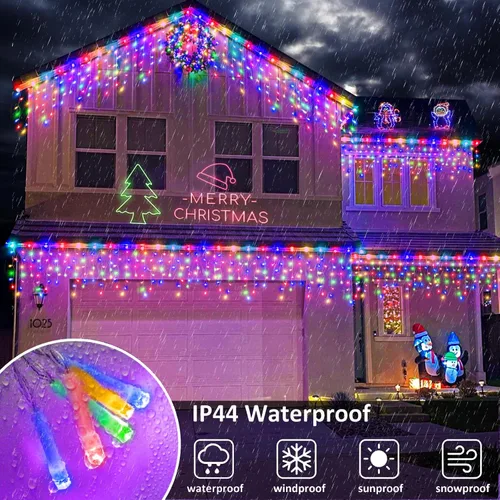 Vista 4 de Luces de carámbano para exteriores, 16.5 pies, 200 luces LED de Navidad para exteriores, impermeables, 8 modos de enchufe, cortina de luz conectable