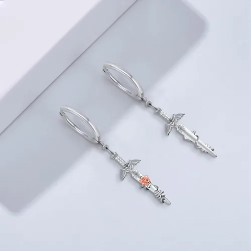 Vista 3 de Pendientes de aro de espada de plata de ley 925 con contenedor/corazón de espada/joyería de pizarra de Sheikah