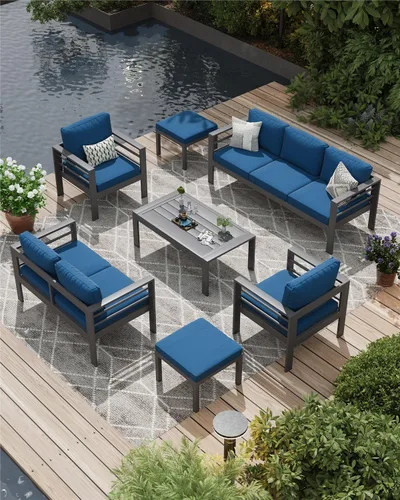 Vista 13 de AECOJOY Juego de muebles de patio de aluminio, muebles modernos de exterior de 5 asientos con mesa auxiliar, 4 piezas de sofá seccional
