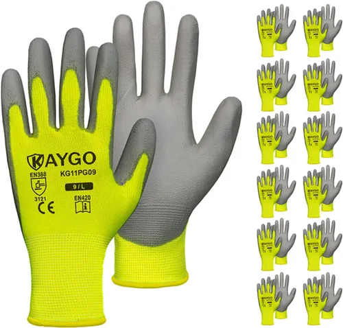 Vista 106 de KAYGO KG11PB - Guantes de trabajo de seguridad con revestimiento de poliuretano, 12 pares de guantes de punto sin costuras para hombres y mujeres