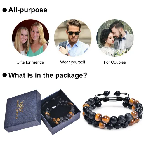 Vista 15 de DHQH Triple Protection Bracelet 8/10MM Hematite Black Agate Tigers Eye Stone Bracelet Crystal Jewelry Healing Bead Bracelets for Men Bring Luck