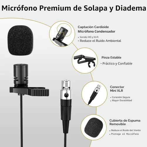 Vista 6 de TONOR Sistema de micrófono inalámbrico UHF con micrófono de auriculares/micrófono de solapa Lavalier, transmisor Bodypack, receptor recargable, 15