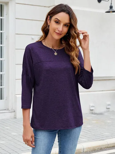 Vista 154 de ZENNILO Camisetas casuales de manga 3/4 para mujer, holgadas, cuello redondo, lindas camisetas básicas