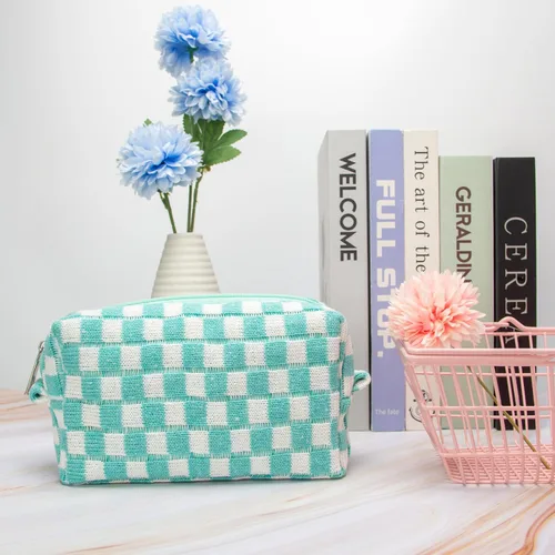 Vista 5 de PAZIMIIK Bolsa de Maquillaje a Cuadros para Bolso Portátil con Cremallera, Estuche Pequeño de Cosméticos para Accesorios de Viaje, Azul Ártico
