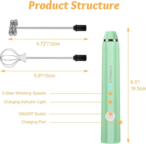 Vista 2 de Philorn - Varilla espumadora de leche recargable eléctrica de mano, batidor mini para café con leche, capuchino, frappé, matcha, chocolate caliente