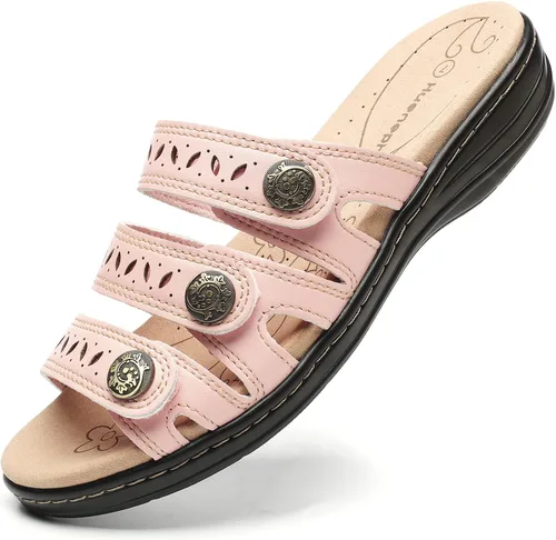 Vista 11 de Sandalias de cuero cómodas para mujer, ligeras, planas, bonitas, sin cordones, informales, para caminar Beige